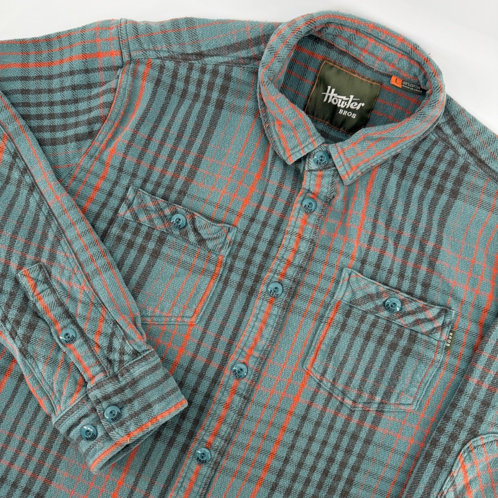 Howler Bros Flannel Shirt Mens Large Teal Orange Plaid Reinforced Elbows Rugged